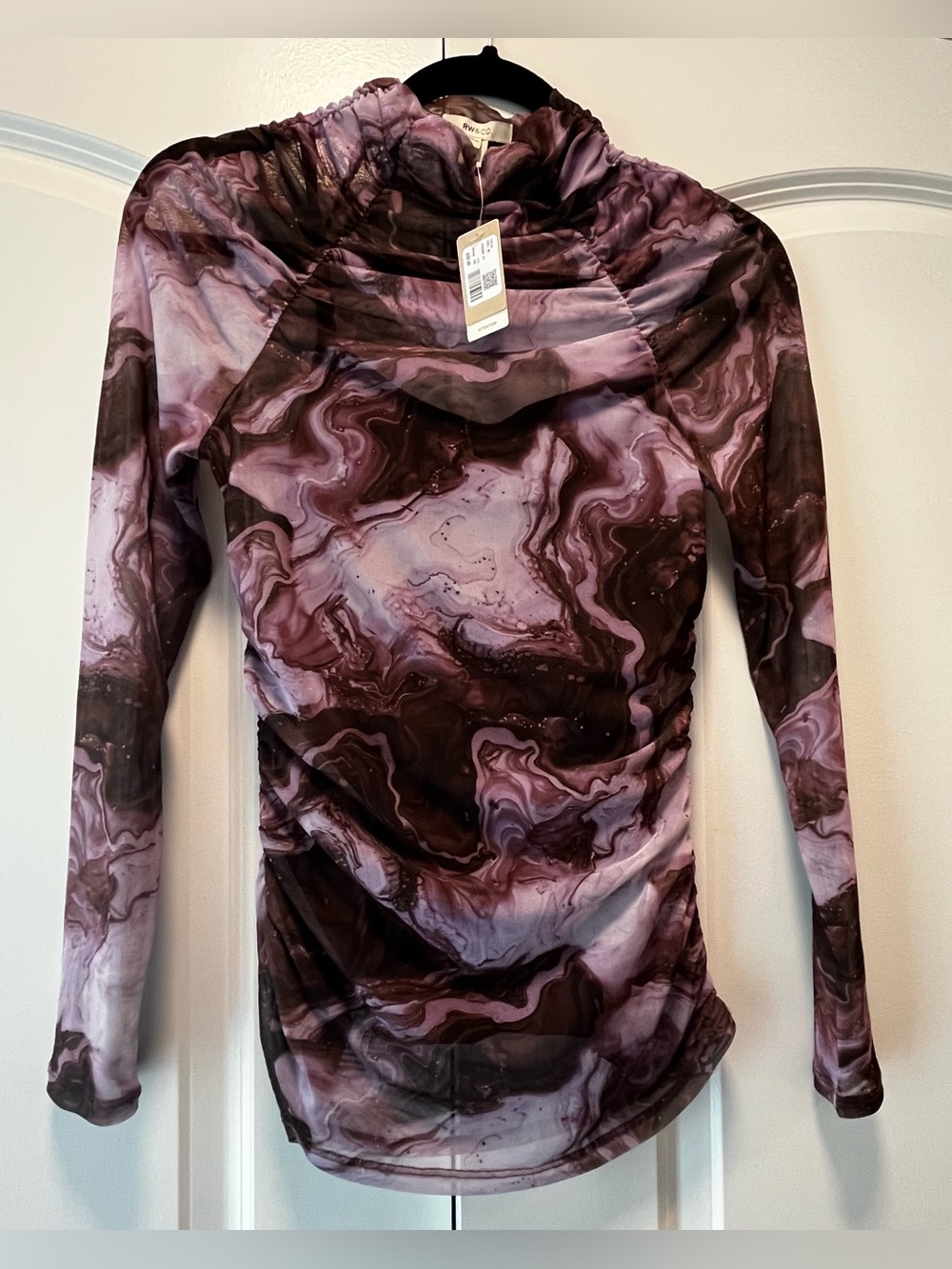 NWT- RW&CO. Purple & grey sheer high neck Top w marble print and shirred details